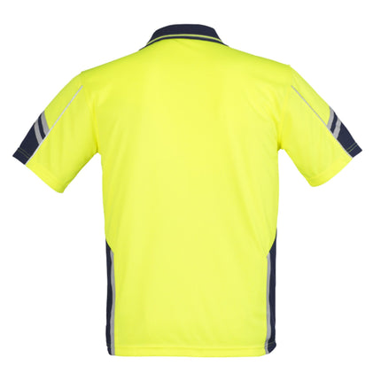 A rear view of a neon yellow and dark blue polo shirt with gray reflective stripes on the sleeves and side panels.