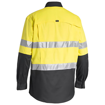 A rear view of a two-tone long-sleeve work shirt. The back is bright yellow with two gray reflective stripes, and the bottom and sleeves are dark gray.