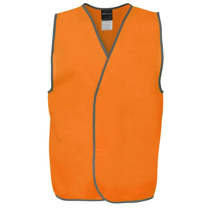 A front view of a bright orange high-visibility vest with gray trim. The vest is open at the front, showing the V-neck design.