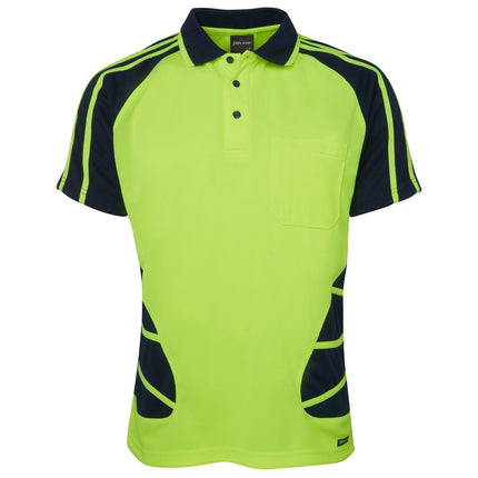 A front view of a neon yellow and dark blue short-sleeve polo shirt. It has a single chest pocket and a black striped pattern on the sides and sleeves.