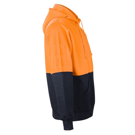A side view of a two-tone hoodie. The top is bright orange and the bottom and sleeves are dark blue. It has a hood and a large front pocket.