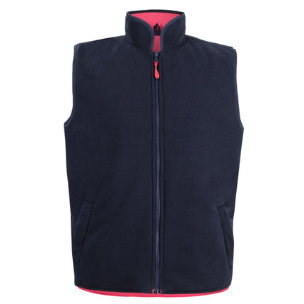A front view of a dark blue fleece vest with a high collar. It has a red zipper and two side pockets. The inner lining of the collar and the hem are bright pink.