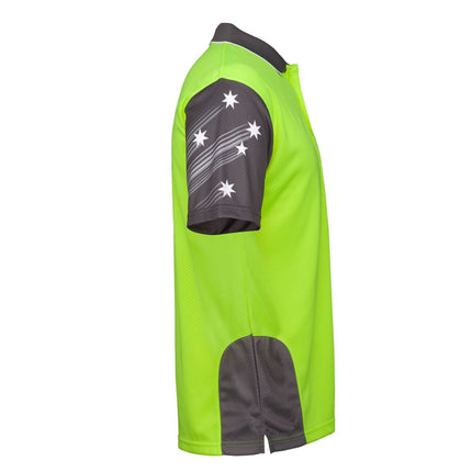 A side view of a neon yellow and dark gray short-sleeve polo shirt. The right sleeve is dark gray with a white Southern Cross star graphic.