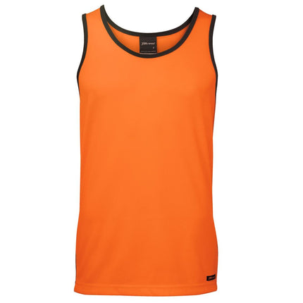 A front view of a bright orange work tank top with a black ribbed collar and armholes. It has a relaxed fit and a straight hem.