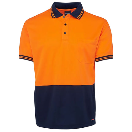 A front view of a two-tone polo shirt. The top is bright orange, and the bottom and collar are dark blue. It has two thin stripes on the collar and sleeves and a single chest pocket.