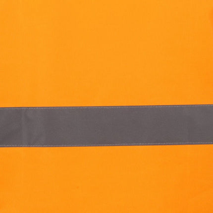 A close-up of a bright orange fabric with a wide, gray reflective stripe sewn horizontally across it. The stripe has a smooth, shiny texture, while the orange fabric has a subtle diagonal weave.