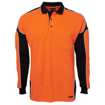 A front view of an orange and black long-sleeve polo shirt. The main body is orange with black side panels and sleeves, outlined with white piping. It has a high collar and a single chest pocket.
