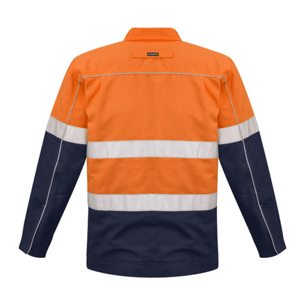 A rear view of a long-sleeve, two-tone work jacket. The top is bright orange, and the bottom and sleeves are dark blue with white reflective stripes.