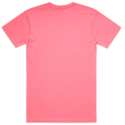 A rear view of a simple, fitted bright pink short-sleeve t-shirt with a crew neck.