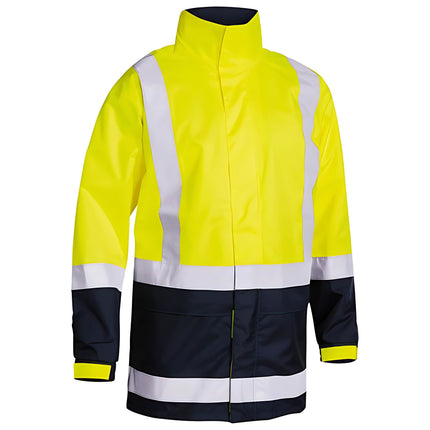 A neon yellow and dark blue work jacket with a high collar. It has white reflective stripes on the torso and arms.