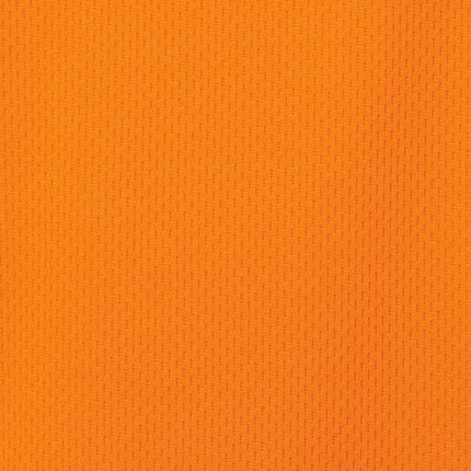 A macro shot of orange fabric. The texture is a fine mesh with a pattern of small, 100% Polyester.