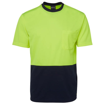 A front view of a two-tone short-sleeve work t-shirt. The top is neon yellow with a single chest pocket, and the bottom is dark blue.