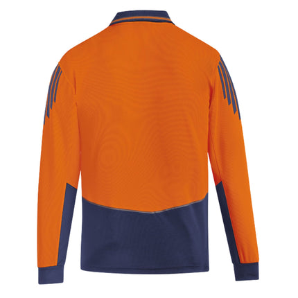 A rear view of a bright orange and dark blue long-sleeve polo shirt. It features dark blue stripes on the shoulders/sleeves and a contrast lower body panel.