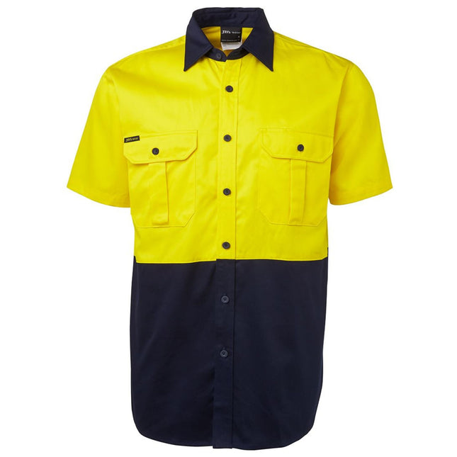 A front view of a two-tone short-sleeve work shirt. The top is bright yellow with two button-down pockets, and the bottom and collar are dark blue.
