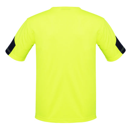 A rear view of a neon yellow work vest. It has a high collar and four horizontal gray reflective stripes across the back.