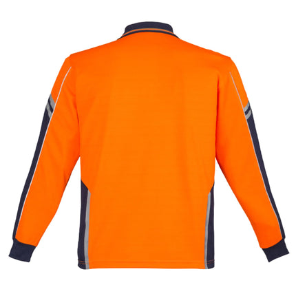 A rear view of an orange and dark blue long-sleeve polo shirt. It has reflective stripes down the sleeves and a dark blue collar.