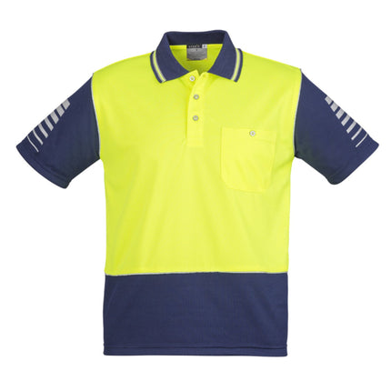 Yellow and navy polo shirt with white stripes on a white background