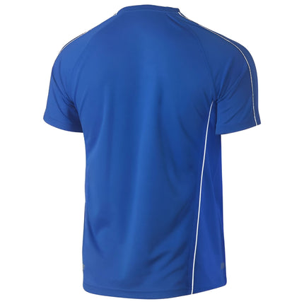 A rear view of a blue short-sleeve shirt with white piping on the sleeves and sides.