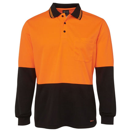 A front view of a two-tone long-sleeve polo shirt. The top is orange, and the bottom is black. It has a high collar, a three-button front, and a single chest pocket.