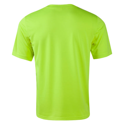 A rear view of a neon yellow short-sleeve t-shirt with a crew neck.