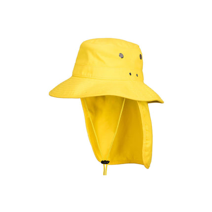 Yellow rain hat with neck cover on a white background