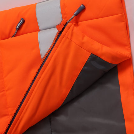 A close-up of the zipper on an orange padded work vest. The zipper is orange with a black pull and a gray inner lining.