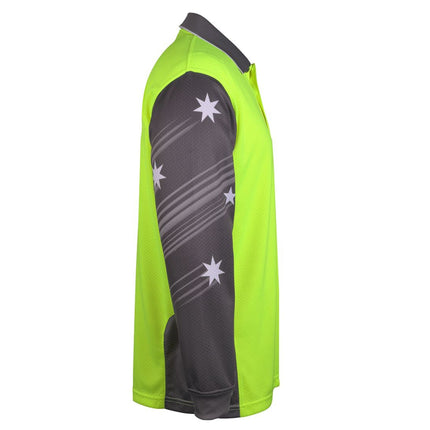 A side view of a neon yellow and dark gray long-sleeve polo shirt. The right sleeve is dark gray with a white Union Jack print.