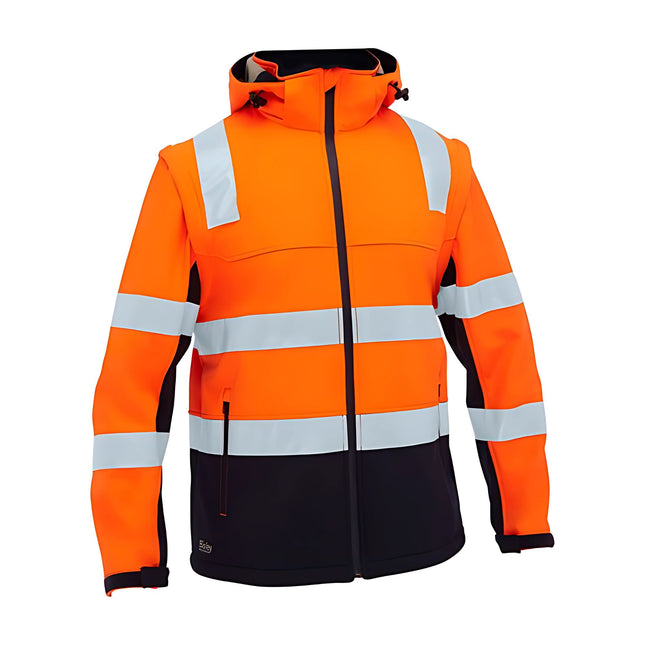 A bright orange and black work jacket with a hood. It has two gray reflective horizontal stripes and two matching stripes on the arms.