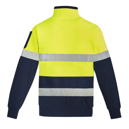 A rear view of a two-tone high-visibility work sweater. The top is neon yellow, and the bottom and sleeves are dark blue. The sweater has two reflective stripes across the back.