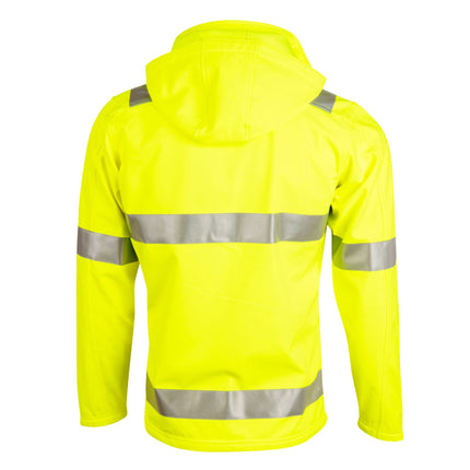 A rear view of a high-visibility neon yellow work jacket. It has a hood and two wide, gray reflective stripes across the back and arms.