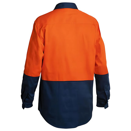 A rear view of a two-tone long-sleeve work shirt. The top half is bright orange, and the bottom half is dark blue.