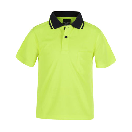 A front view of a neon yellow short-sleeve polo shirt with a dark blue collar with two thin stripes. It has a single chest pocket and a relaxed fit.