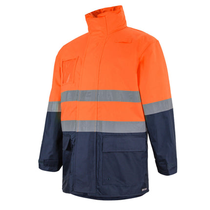 Two-tone orange and navy jacket with reflective stripes on a white background