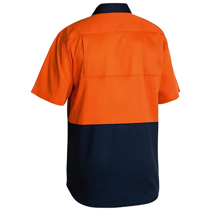 A rear view of a two-tone short-sleeve work shirt. The top half is bright orange, and the bottom half is dark blue.