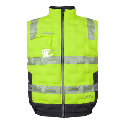 A front view of a high-visibility neon yellow and black padded work vest. It has a high collar, gray reflective stripes, and a clear ID pocket on the chest.