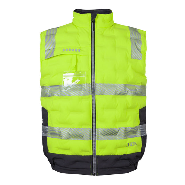 A front view of a high-visibility neon yellow and black padded work vest. It has a high collar, gray reflective stripes, and a clear ID pocket on the chest.