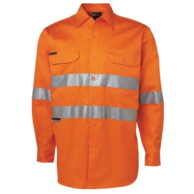 A front view of an orange long-sleeve work shirt. It has a full button-down front, two chest pockets, and two wide, gray reflective stripes across the torso and arms.