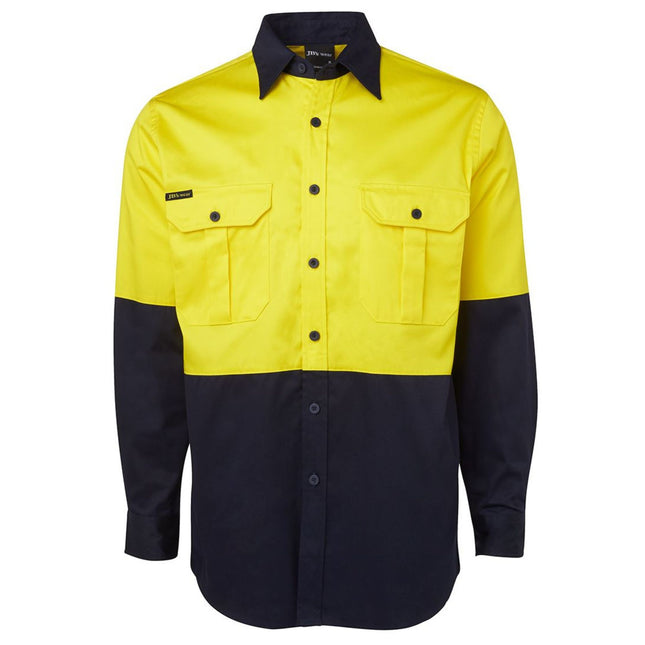 A front view of a two-tone long-sleeve work shirt. The top is bright yellow with two button-down pockets, and the bottom and sleeves are dark blue.