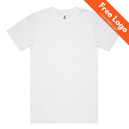 The AS Colour Block Tubular Tee by AS Colour is a plain white short-sleeve T-shirt shown on a white background with an orange banner stating “Free Logo, 1 Front Digital Logo.” Ideal for customization or as a quality blank tee for any occasion.