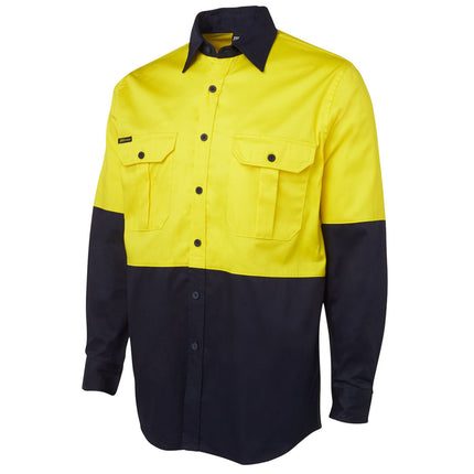 A close-up of a two-tone long-sleeve work shirt. The top is bright yellow, and the bottom, sleeves, and collar are dark blue. It has a full button-down front.