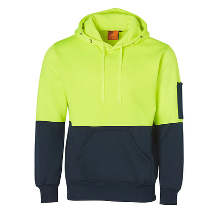 A front view of a two-tone hoodie. The top is neon yellow, and the bottom is dark blue. It has a hood, a large front pocket, and a small black pocket on the left sleeve.