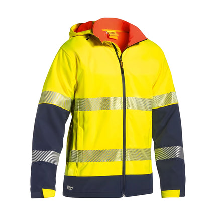 
A close-up of a two-tone work jacket. The jacket is bright yellow and dark blue with reflective stripes on the torso and arms.
