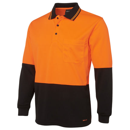 A two-tone, long-sleeve polo shirt. The top is bright orange, and the bottom is black. It has a high collar with two thin stripes and a single chest pocket.