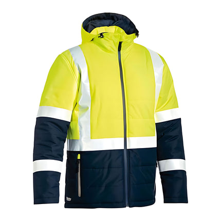 A two-tone work jacket with a bright yellow top section and a dark blue bottom section. The jacket has a hood and multiple white reflective stripes.