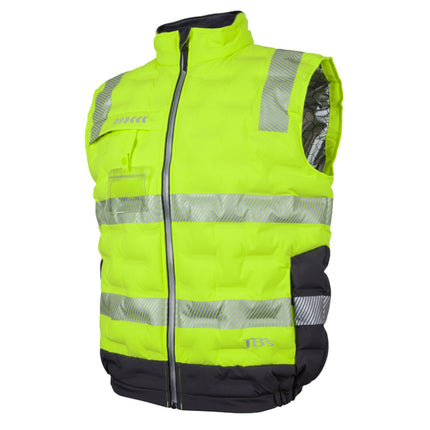 A close-up of a high-visibility neon yellow and black padded work vest. It has a high collar with dark gray trim and two wide, gray reflective stripes across the torso and two on the shoulders.