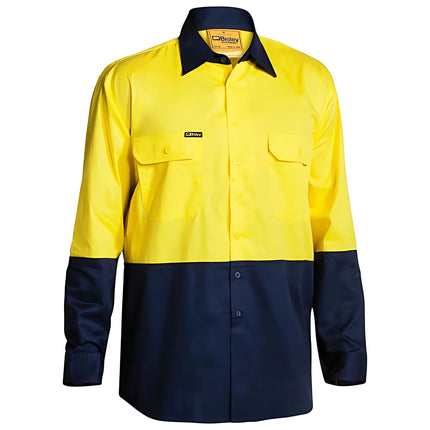 A front view of a two-tone long-sleeve work shirt. The top is bright yellow with two button-down pockets, and the bottom, sleeves, and collar are dark blue.