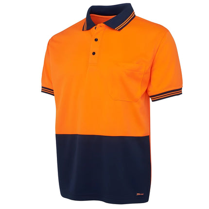 A close-up of a two-tone polo shirt. The top is orange, and the bottom and collar are dark blue. It has thin stripes on the collar and sleeves.