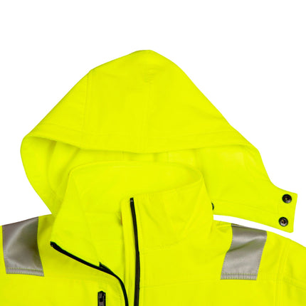 A close-up of the hood and high collar of a neon yellow work jacket. The hood is detachable and secured with buttons.