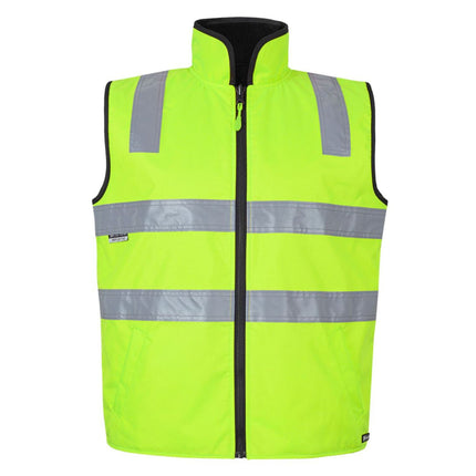 A front view of a neon yellow, high-visibility vest. It has a high collar, a black zipper, and two wide, gray reflective stripes across the torso and two on the shoulders.