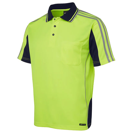 A close-up of a neon yellow and dark blue short-sleeve polo shirt. It has gray reflective stripes on the shoulders and arms, a single chest pocket, and a high collar.